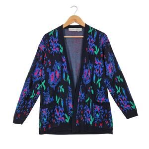 VTG Liz Claiborne Lambswool Blend Cardigan Sweater sz M Black Multicolor